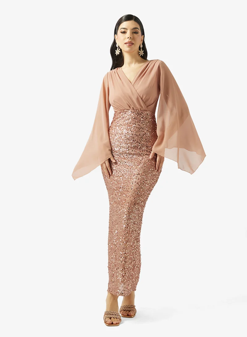 Khizana Shimmer Dress With Flutter Sleeves